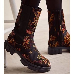 RARE NWT Free People Brooks Brocade Floral Black Satin Chelsea Boots Size 7.5